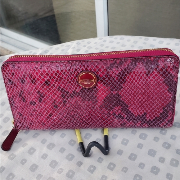 Coach Handbags - Coach Python Snakeskin Raspberry Fuschia Accordion Zip Around Clutch Long Wallet